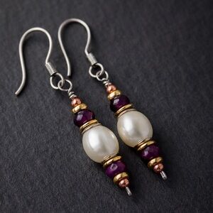 R1 Ruby & Freshwater Pearl Mixed Metal Dangle Earrings Stainless Steel